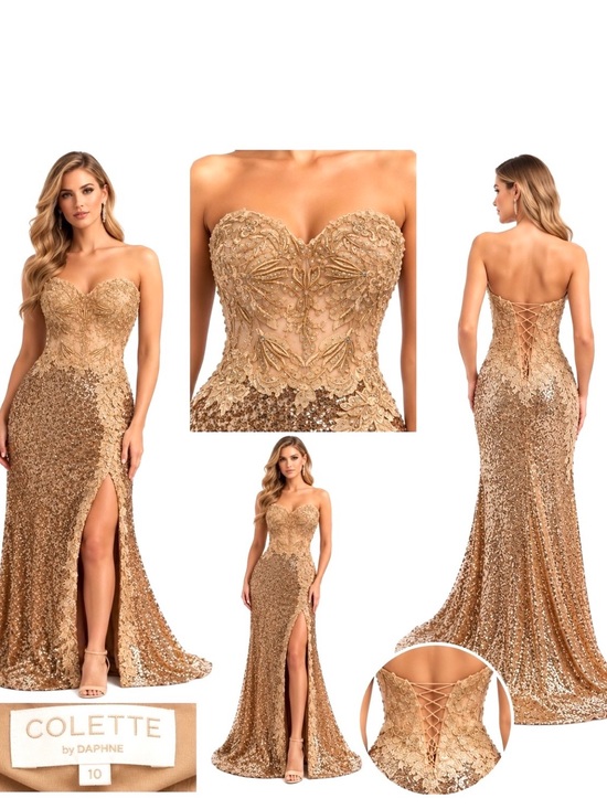 Collette Dresses & Skirts - Colette by Daphne, Gold Lace and Sequence with Shear Bodice/ High Slit, Size  10